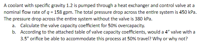 A coolant with specific gravity 1.2 is pumped through a heat