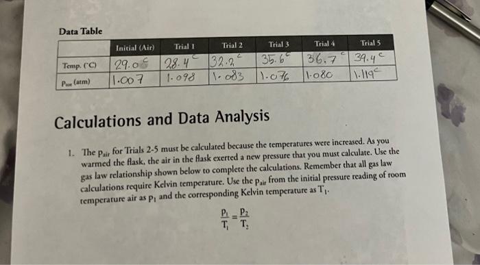 i need help Calculations and Data Analysis 1. The pair for Trials