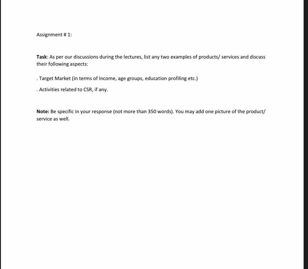 select any products/services Assignment it 1: Task: As per our discussions during