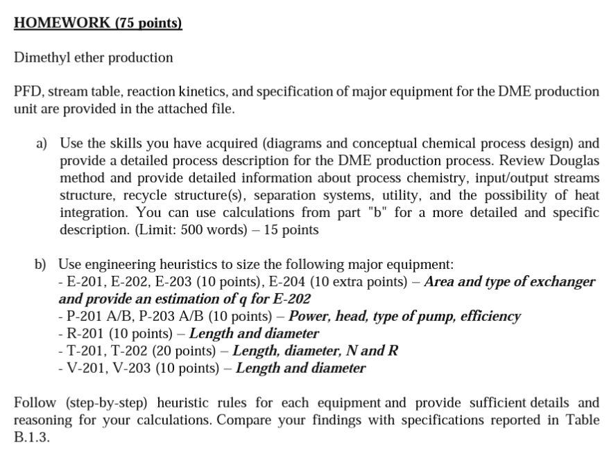 Dimethyl ether production PFD, stream table, reaction kinetics, and specification of