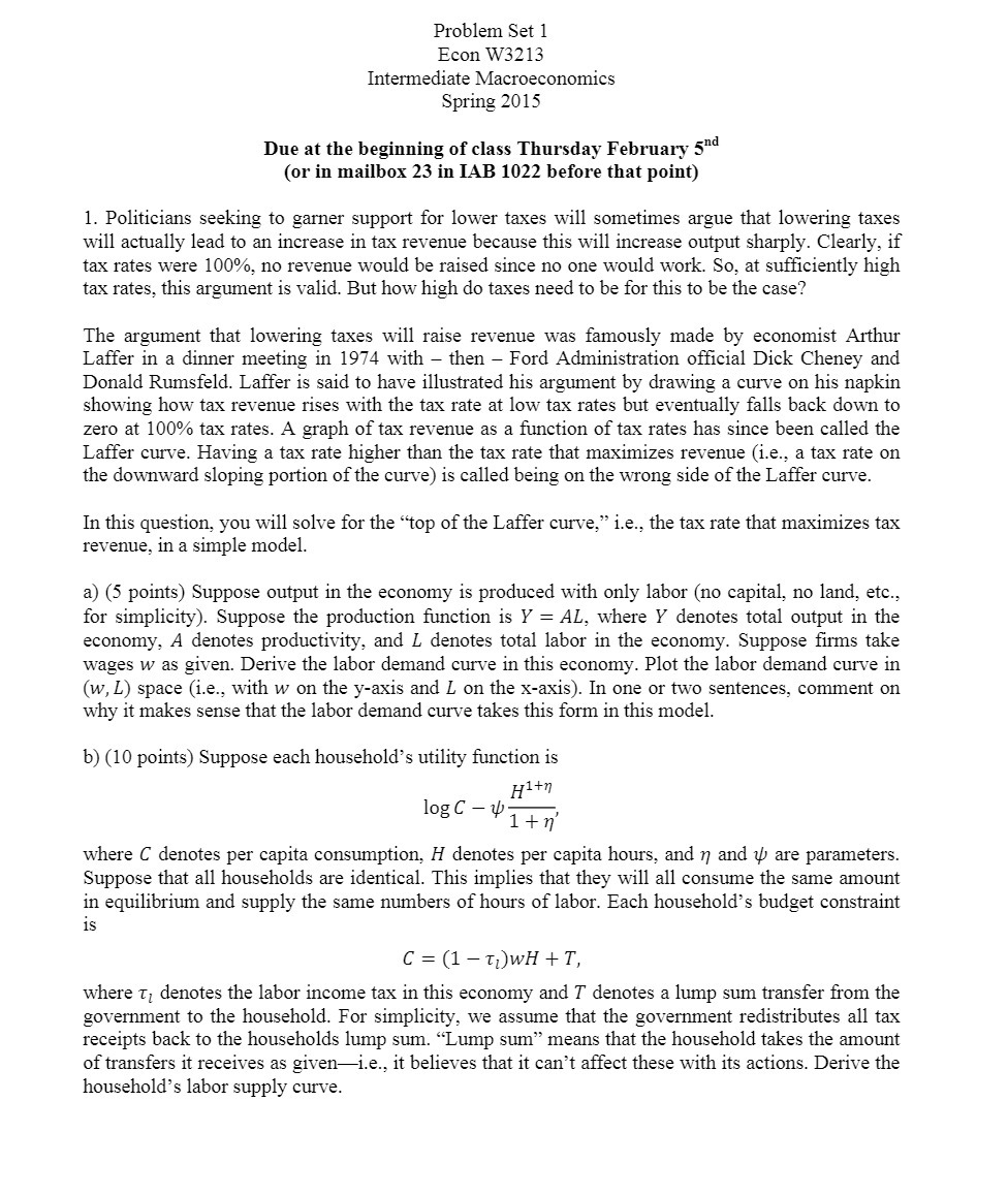  Problem Set 1 Econ W3213 Intermediate Macroeconomics Spring 20 1 5