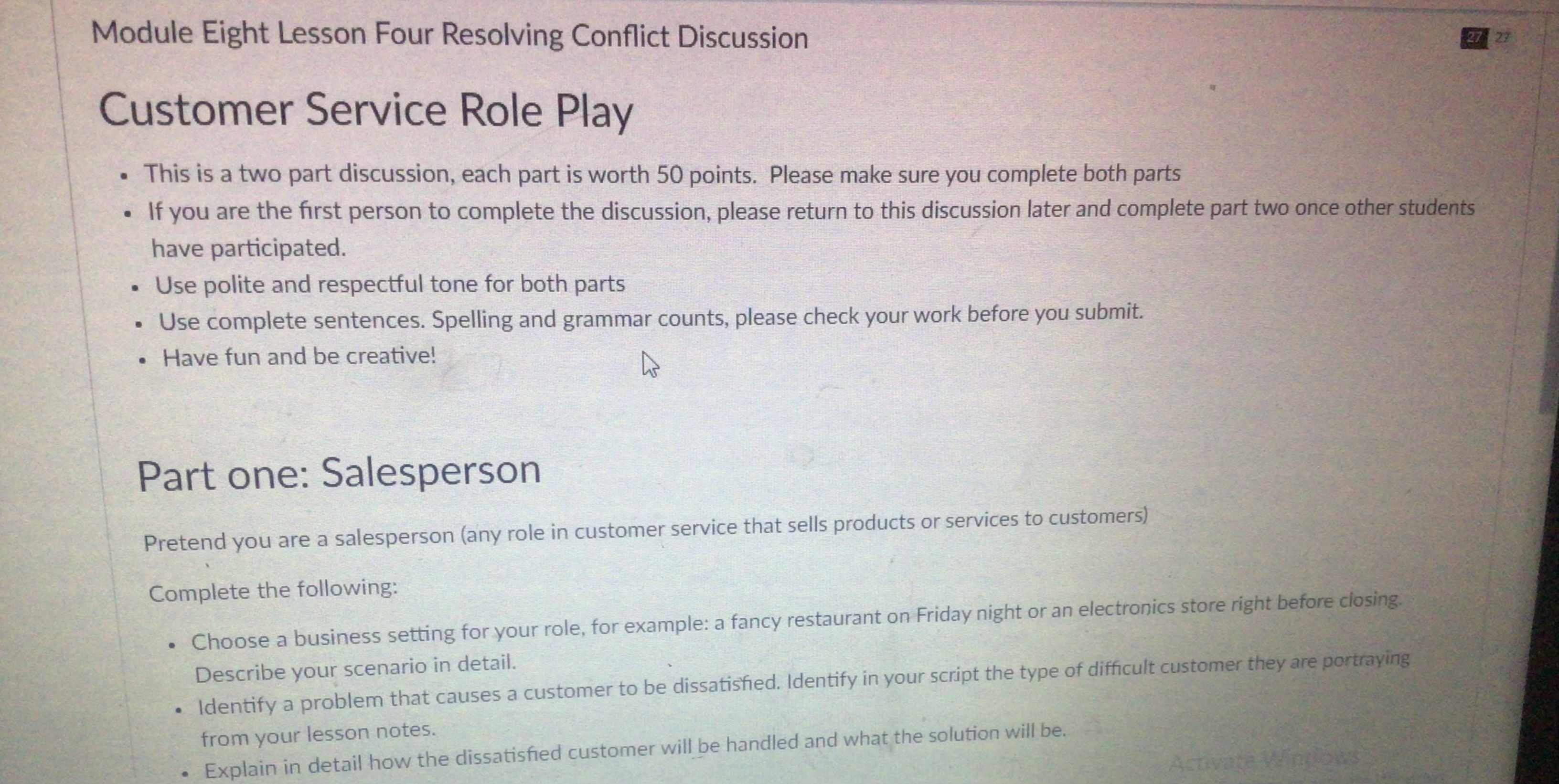Module Eight Lesson Four Resolving Conflict Discussion 27 27 Customer Service