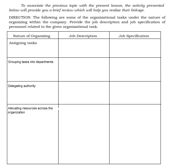 To associate the previous topic with the present lesson, the activity