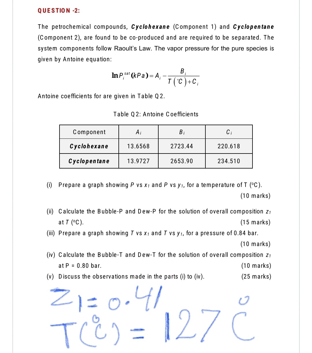  QUESTION -2: The petrochemical compounds, Cyclohexane (Component 1) and Cyclopentane (Component