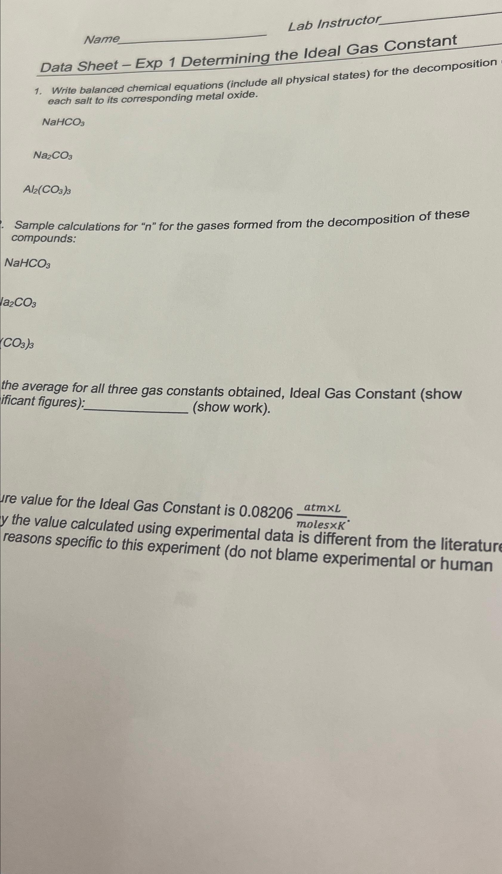  Name Lab Instructor Data Sheet - Exp 1 Determining the Ideal