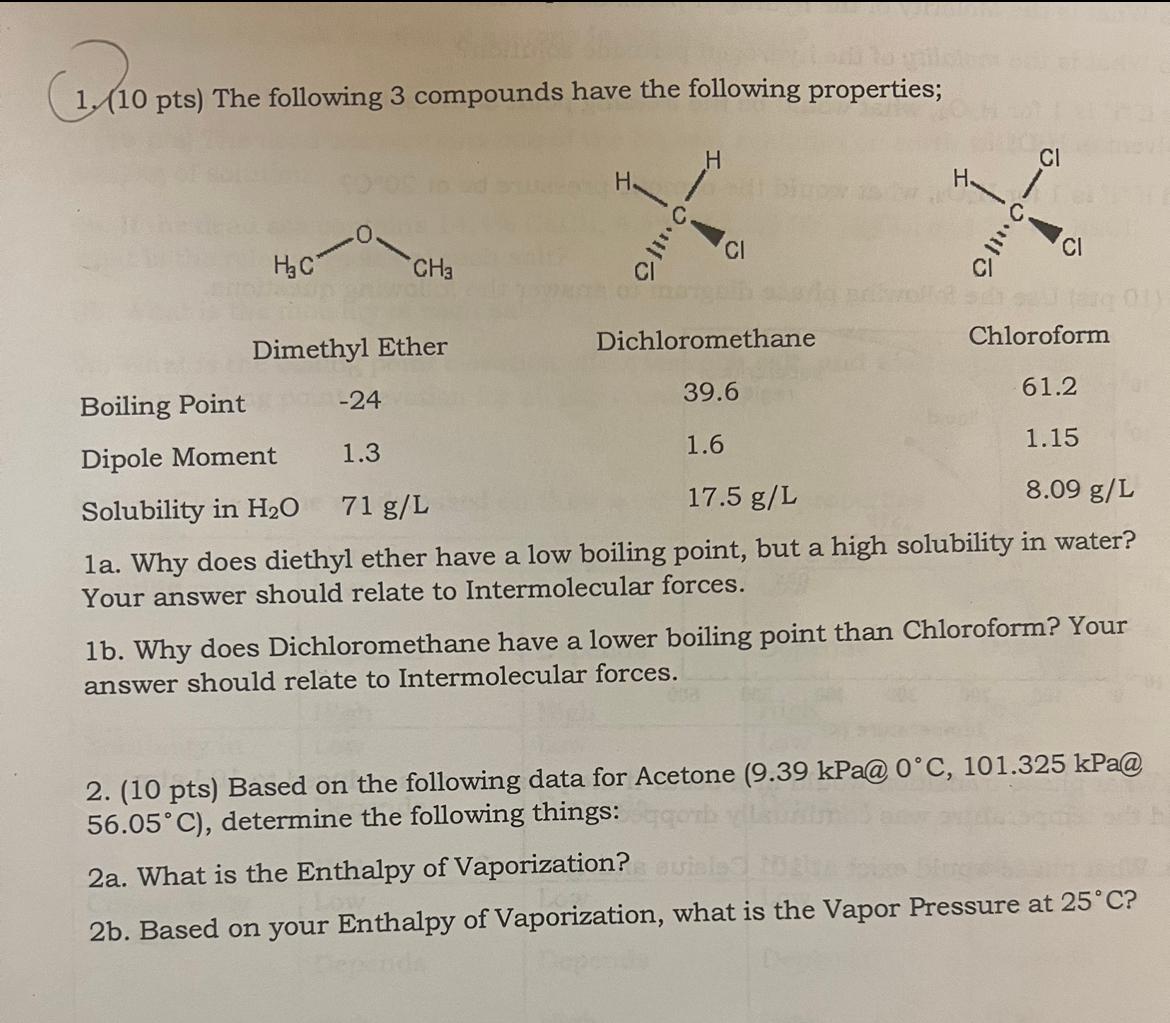 1a. Why does diethyl ether have a low boiling point, but a