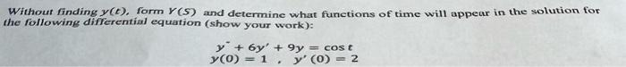 need help asap Without finding y(t), form Y(S) and determine what functions