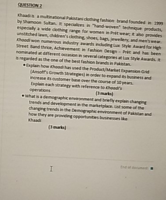 this should be concise according to the marks plz QUESTION 2 Khaadi