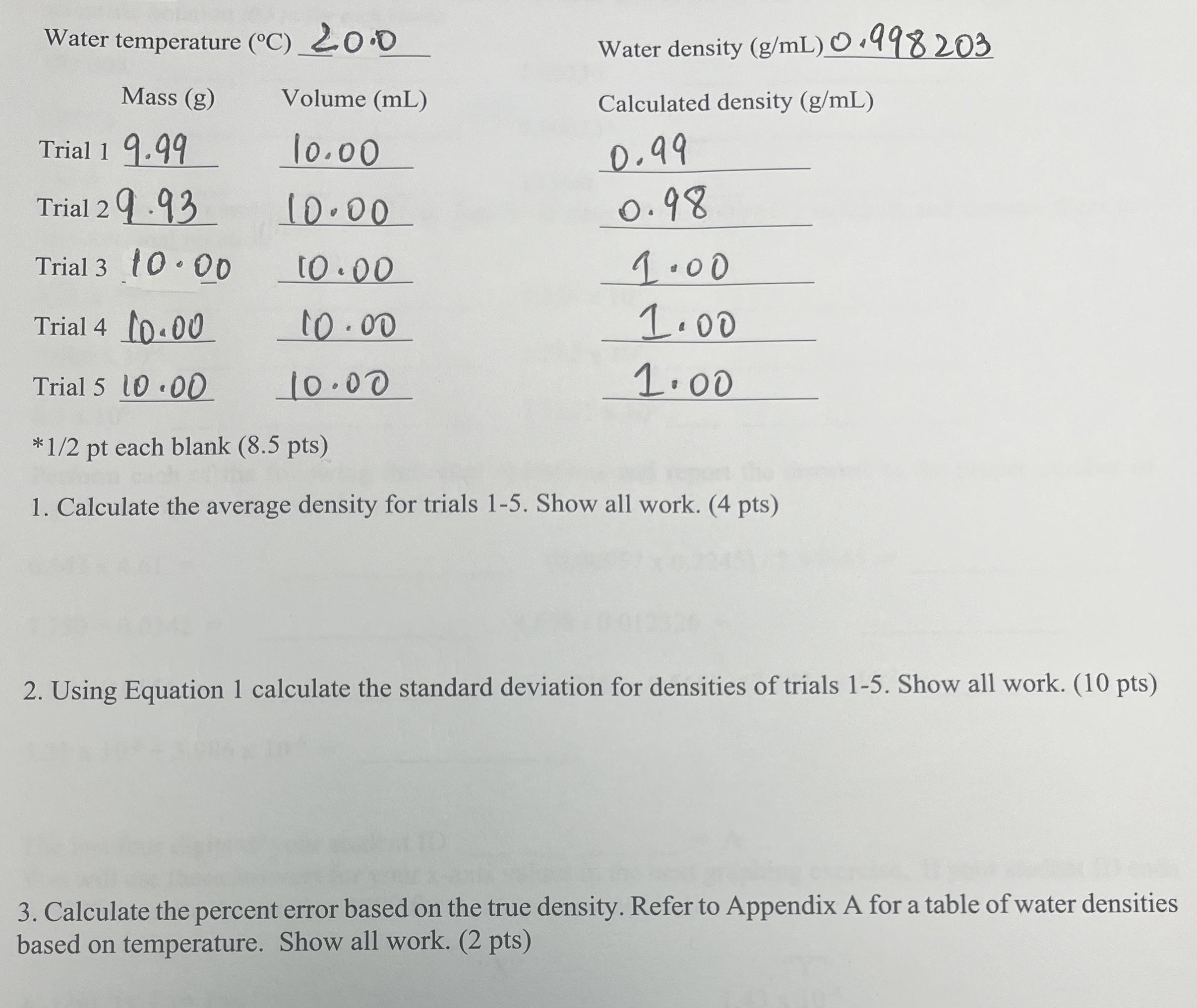  Water temper Using Equation 1 calculate the standard deviation for densities