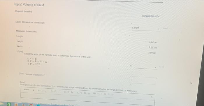  (6pts) Volume of Solid rectangular old come to Length Long LC