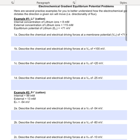 27 Paragraph Styles Electrochemical Gradient Equilibrium Potential Problems Here are several