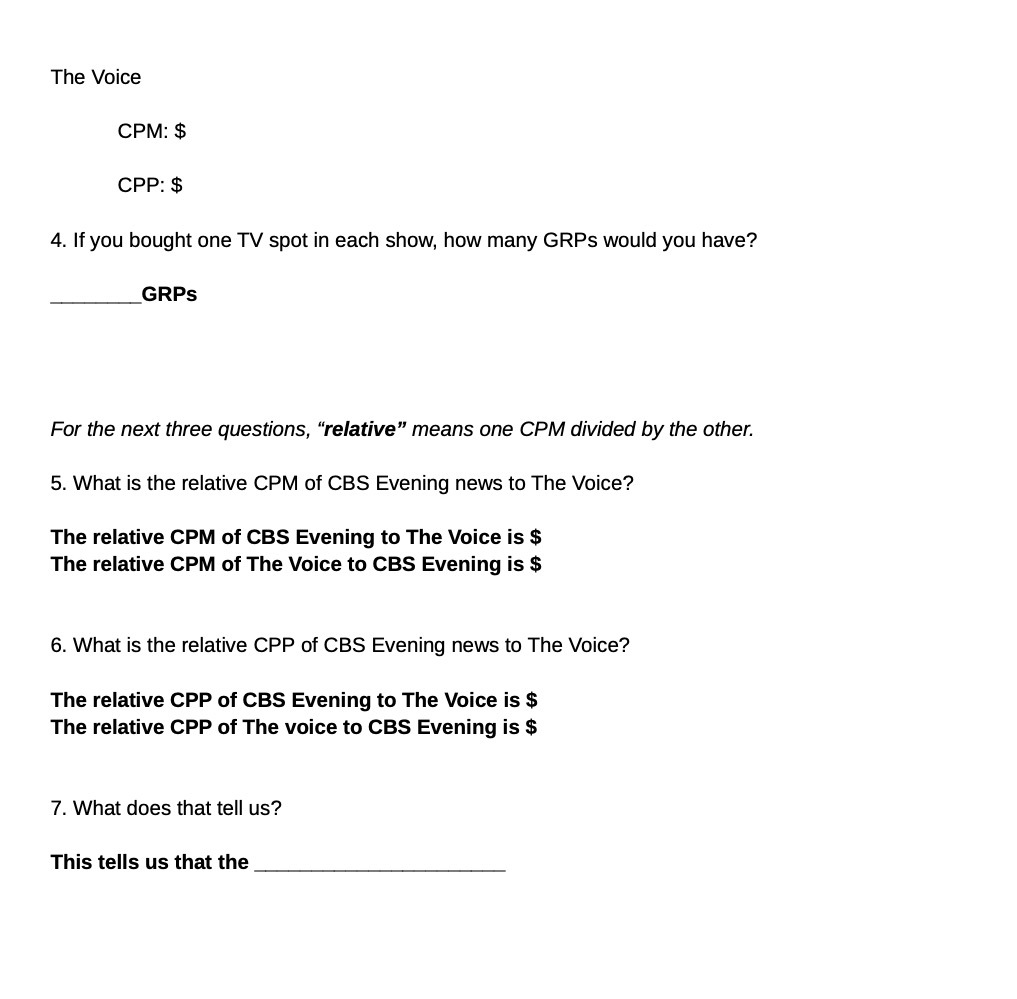 The Voice CPM: $ CPP: $ 4. If you bought one