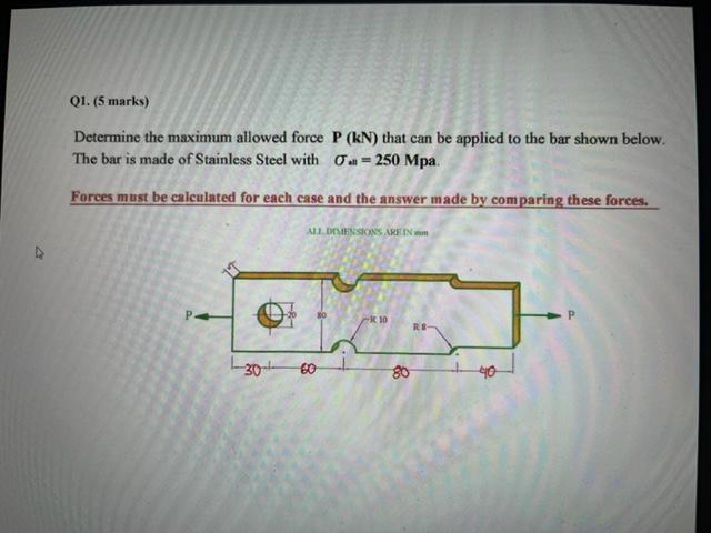 Q1. (5 marks) Determine the maximum allowed force P (kN) that