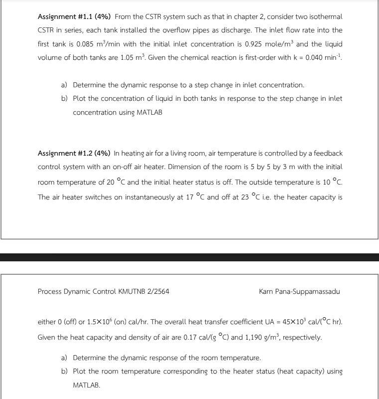  Assignment #1.1 (4%) From the CSTR system such as that in