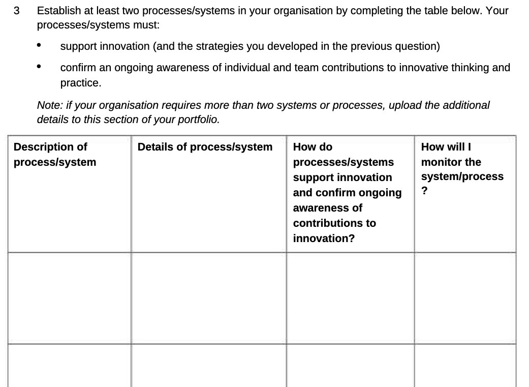  3 Establish at least two processes/systems in your organisation by completing