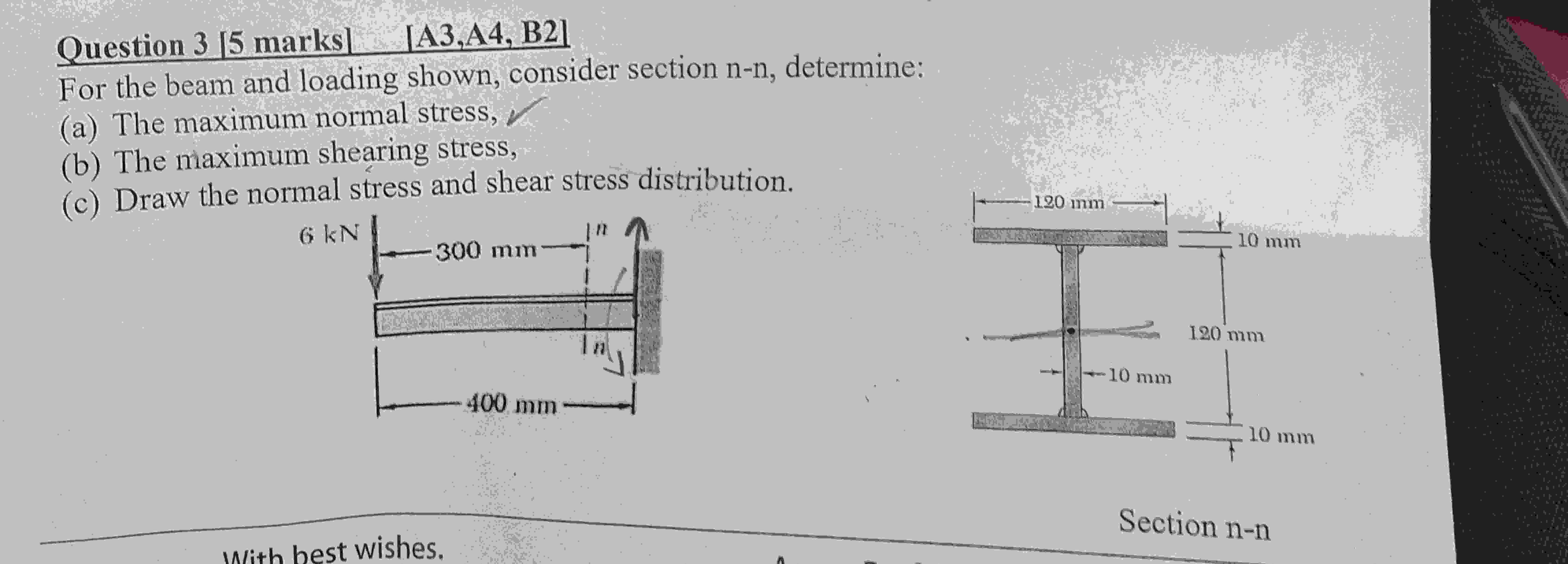  Question 3[5 marks][A3, A4, B2] For the beam and loading shown,