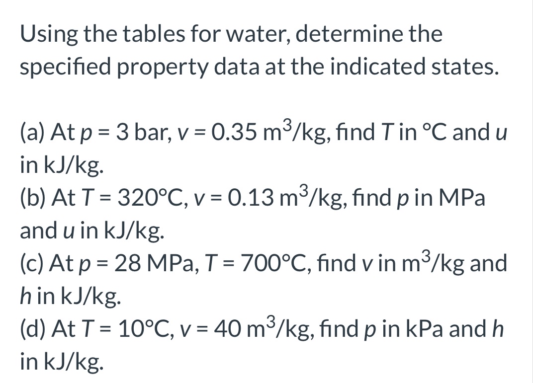  Using the tables for water, determine the specified property data at