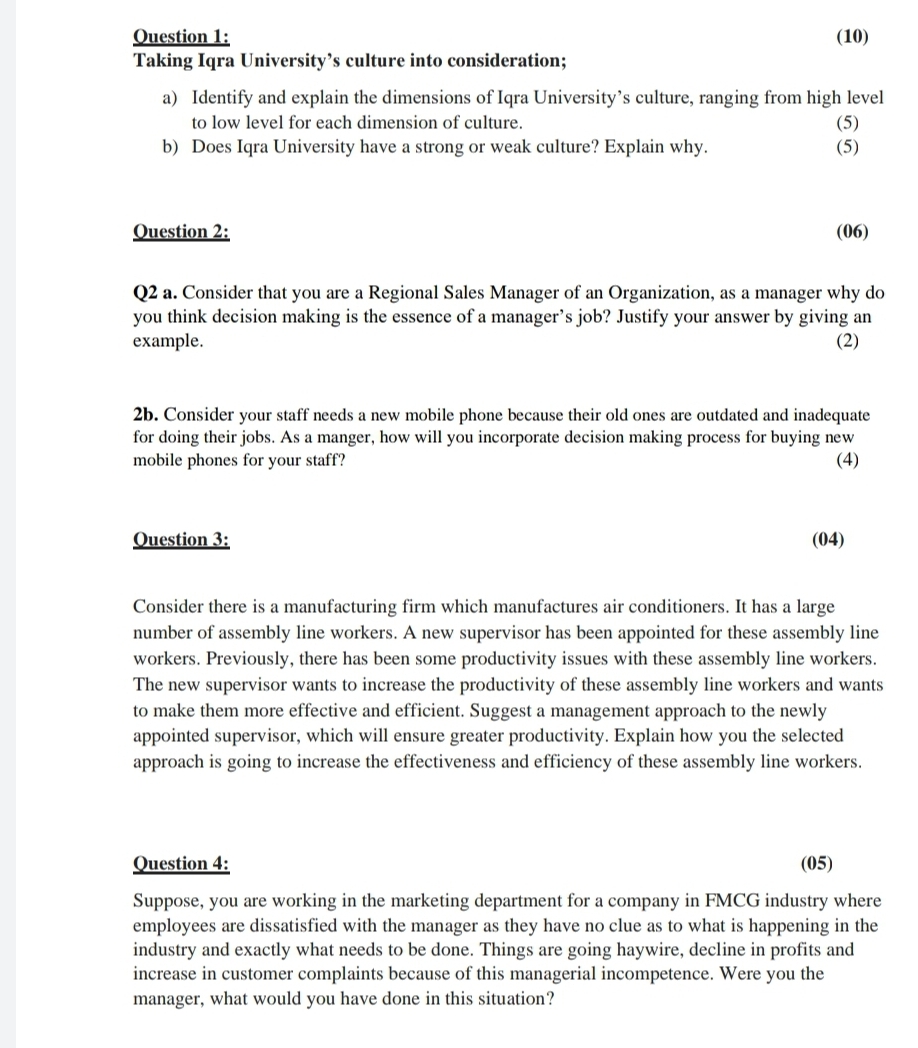 someone pls solve this paper for me W (10) Taking Iqra University's