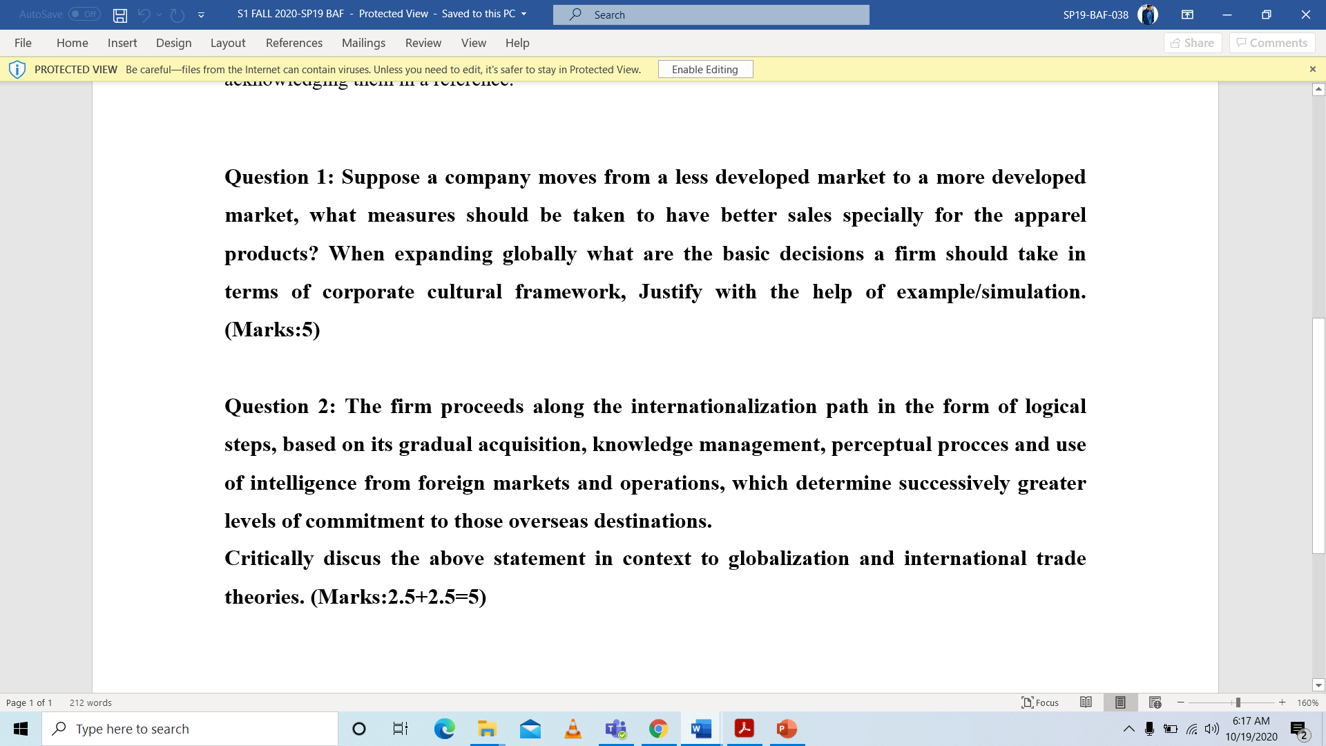  AutoSave . Off) S1 FALL 2020-SP19 BAF - Protected View -