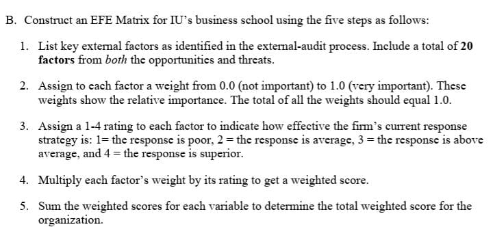 Step wise and detail answer B. Construct an EFE Matrix for IU's