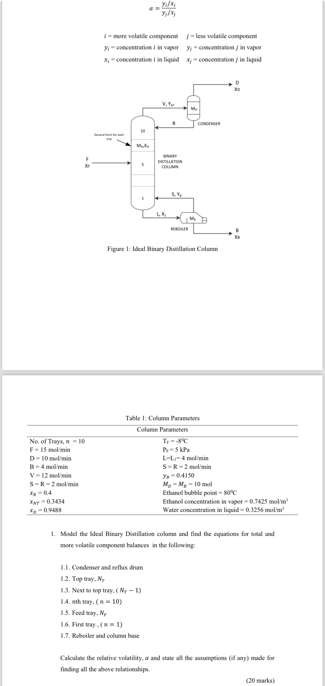  A binary distillation column as in Figure 1 is considered as