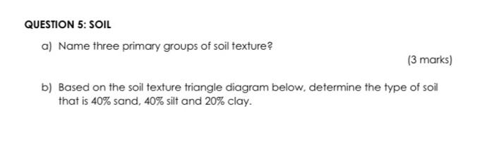 Dear team pls help now. Q5 QUESTION 5: SOIL a) Name three
