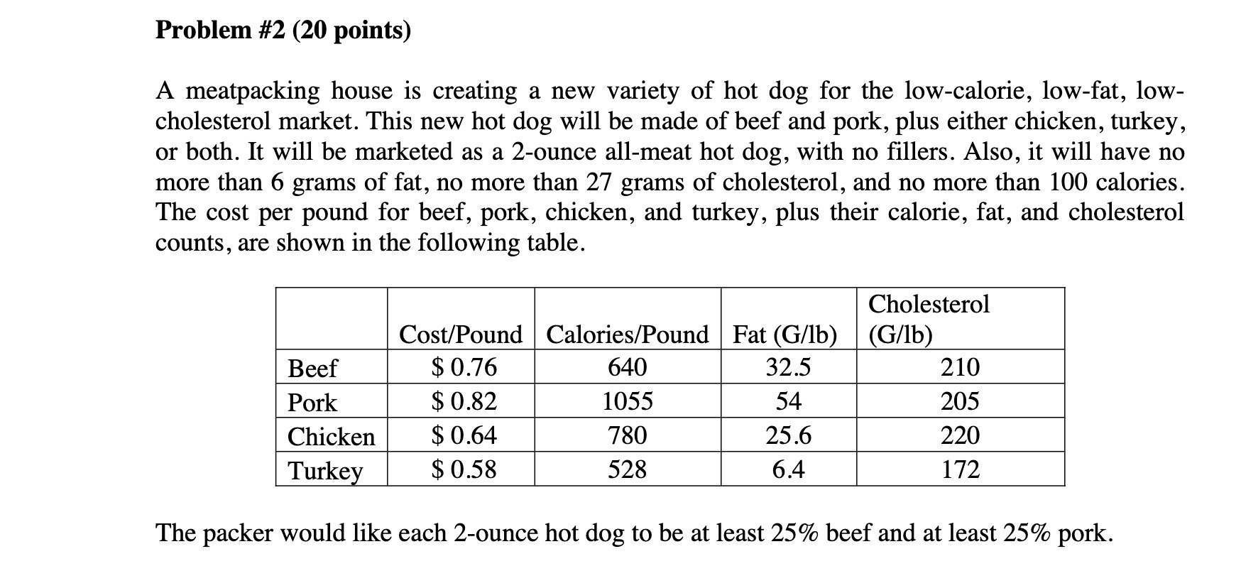 Problem #2 (20 points) A meatpacking house is creating a new