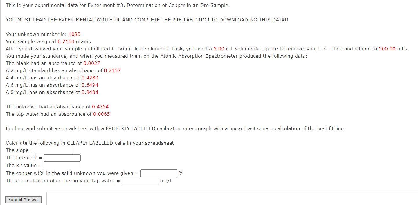  This is your experimental data for Experiment \#3, Determination of Copper