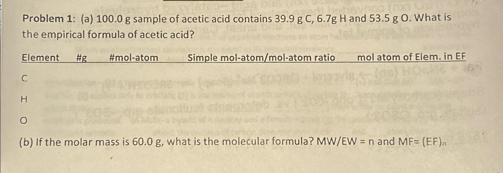  Problem 1: (a)100.0g sample of acetic acid contains 39.9gC,6.7gH and 53.5gO.