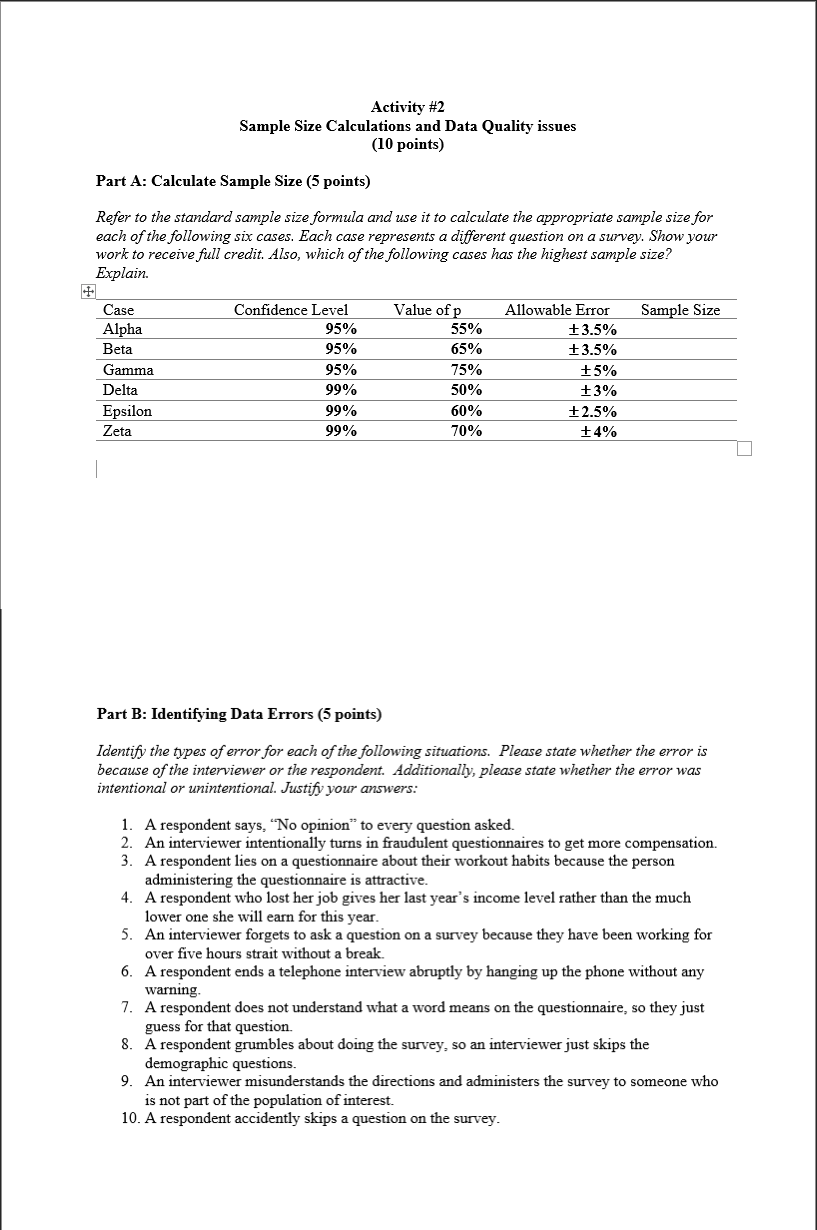 MKTG 3710 Activity 2: Sample Size Activity #2 Sample Size Calculations and