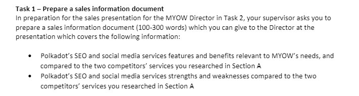  Task 1 - Prepare a sales information document In preparation for