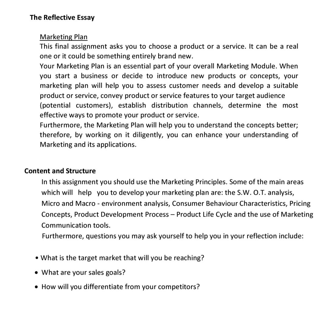 of module marks The Reective Essay Marketing Plan This final assignment asks