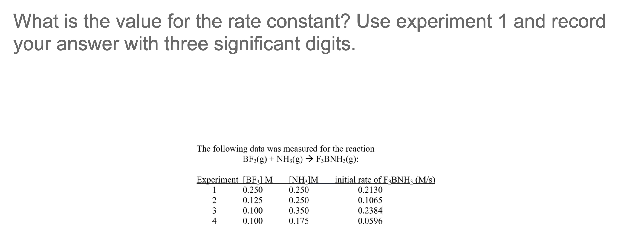What is the value for the rate constant? Use experiment 1