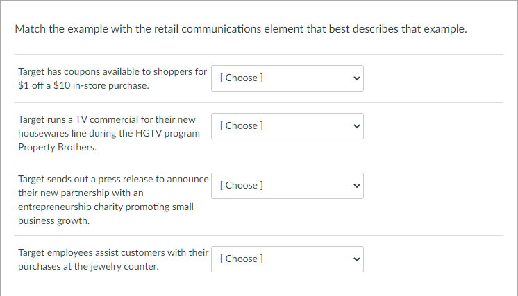  Match the example with the retail communications element that best describes
