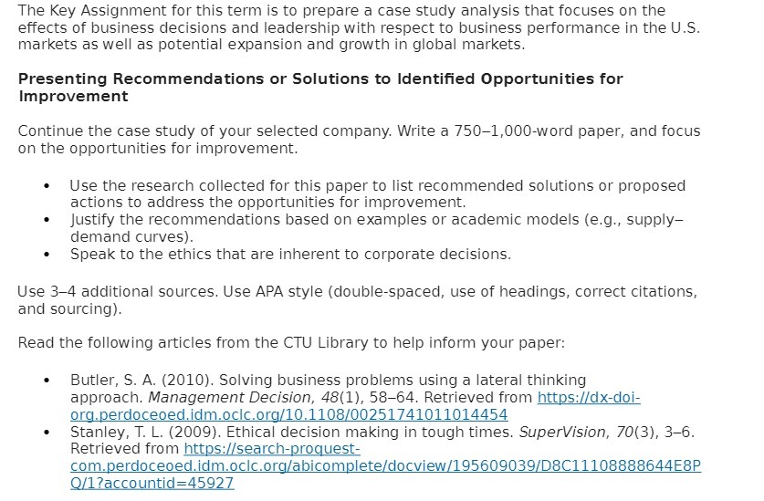  The Key Assignment for this term is to prepare a case