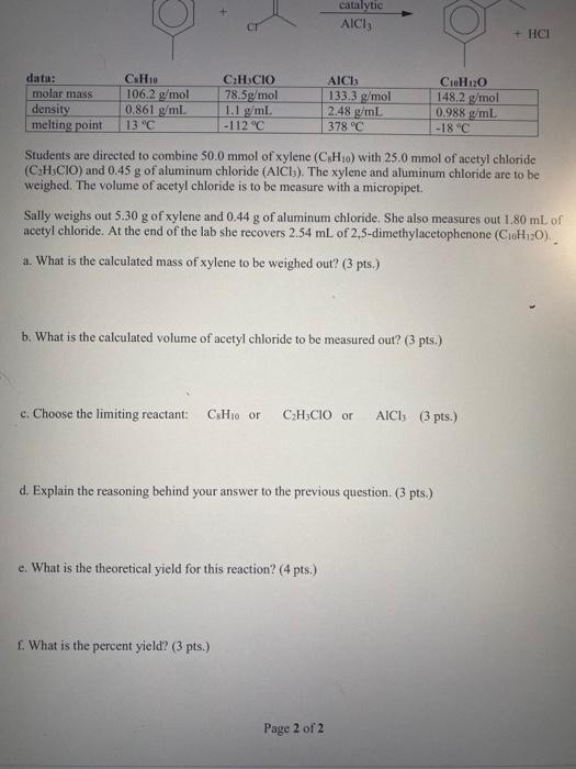help please! catalytic AICI: + HCI data: molar mass density melting point