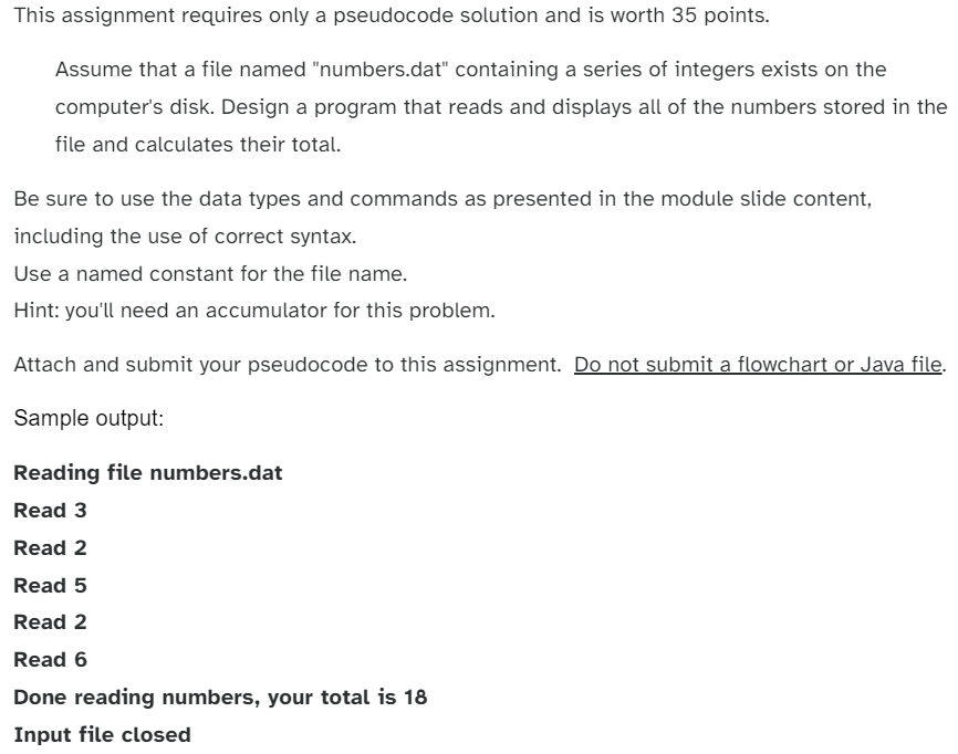  This assignment requires only a pseudocode solution and is worth 35