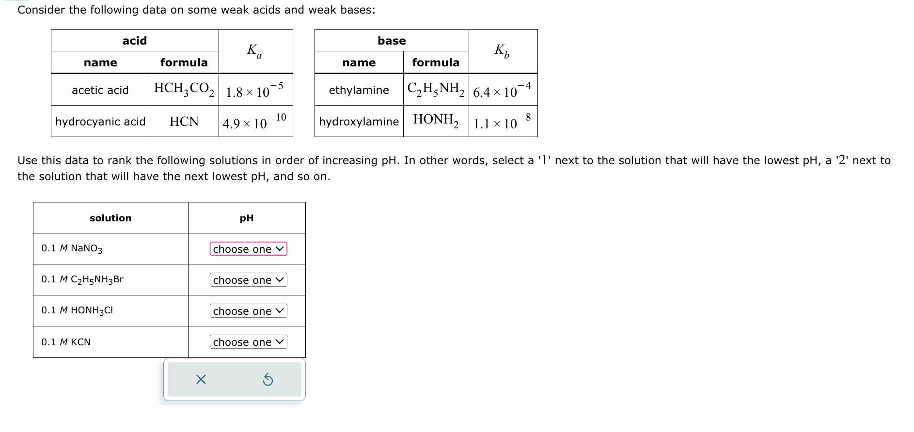  Consider the following data on some weak acids and weak bases: