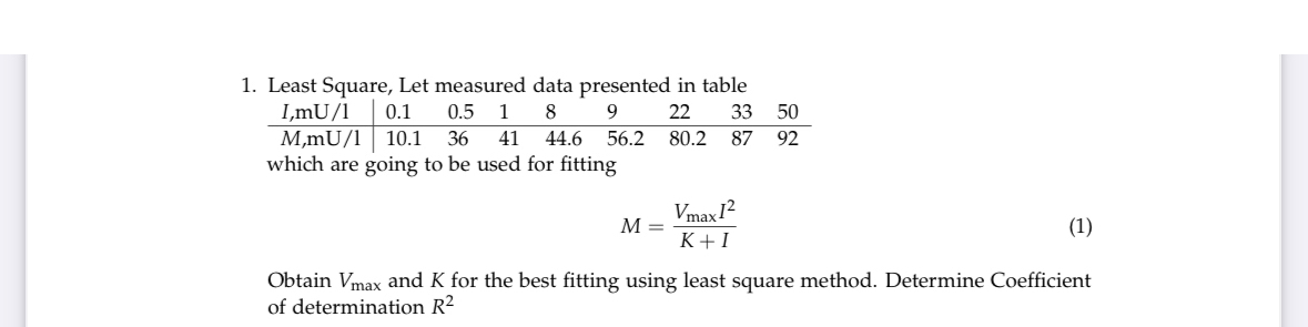  Least Square, Let measured data presented in table \table[[I,mU?1,0.1,0.5,1,8,9,22,33,50],[M,mU?1,10.1,36,41,44.6,56.2,80.2,87,92],[which are going