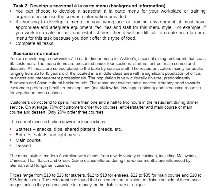  Task 2: Develop a seasonal a la carte menu [background information}