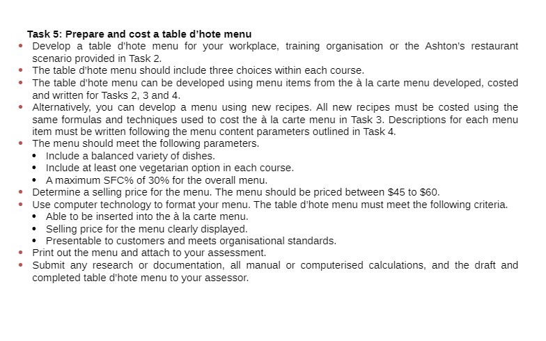  Task 5: Prepare and cost a table d'hote menu Develop a
