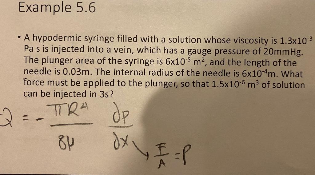Example 5.6 . A hypodermic syringe filled with a solution whose