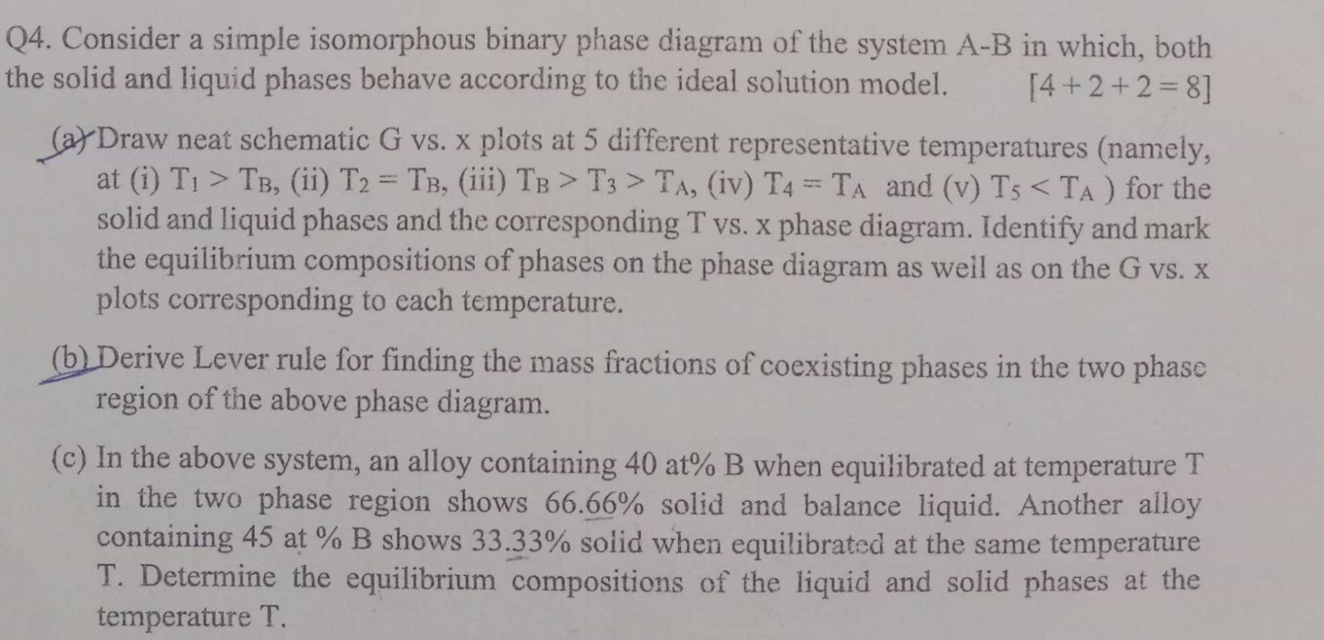  Q4. Consider a simple isomorphous binary phase diagram of the system
