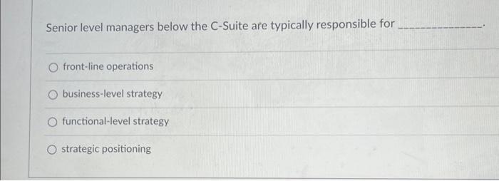  Senior level managers below the C-Suite are typically responsible for front-line