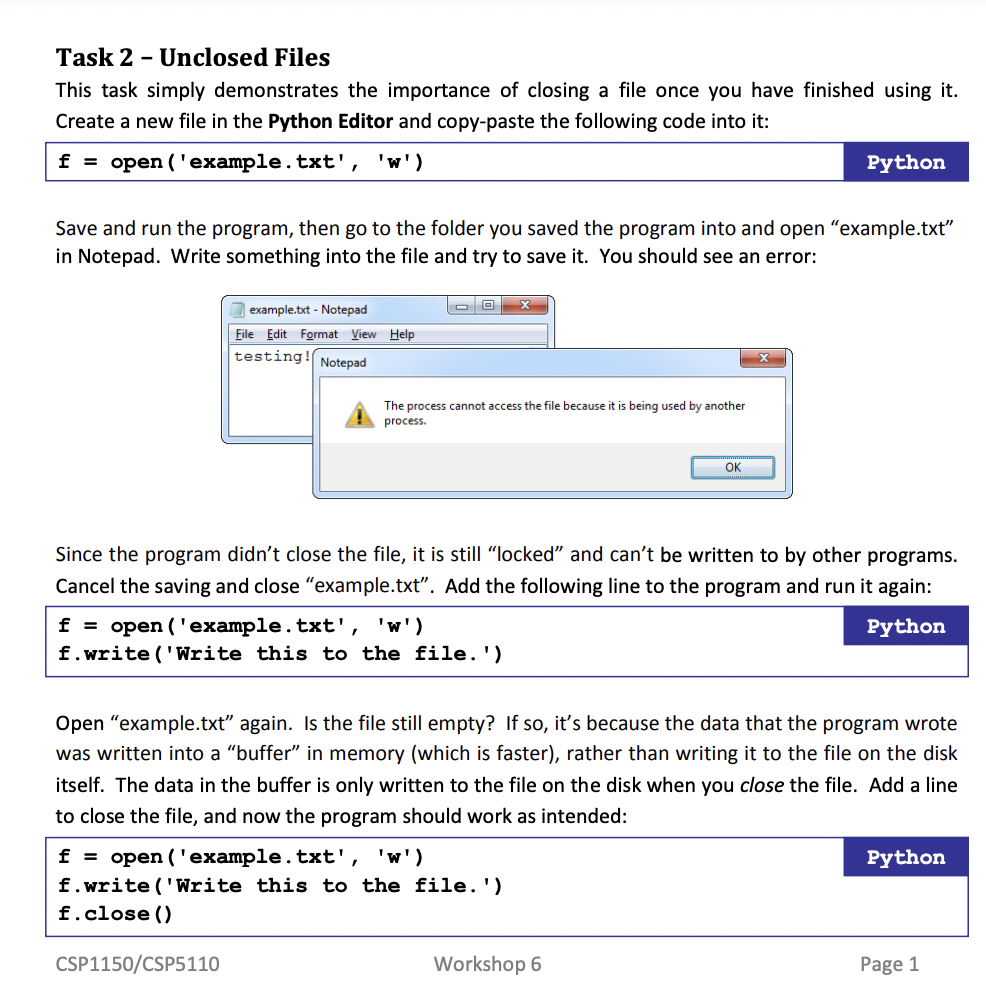  Task 2 - Unclosed Files This task simply demonstrates the importance