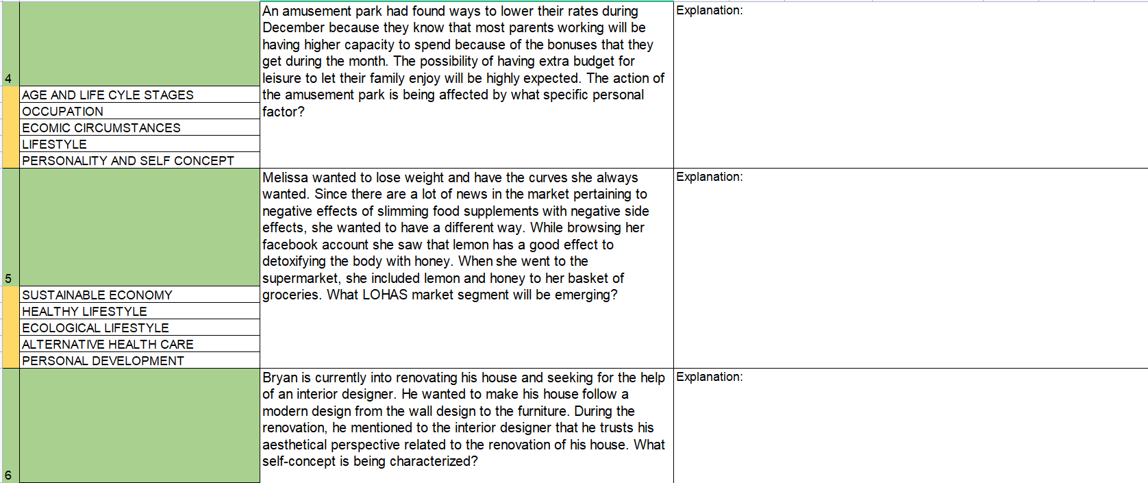 Please indicate the answer below the green boxes on each item, followed