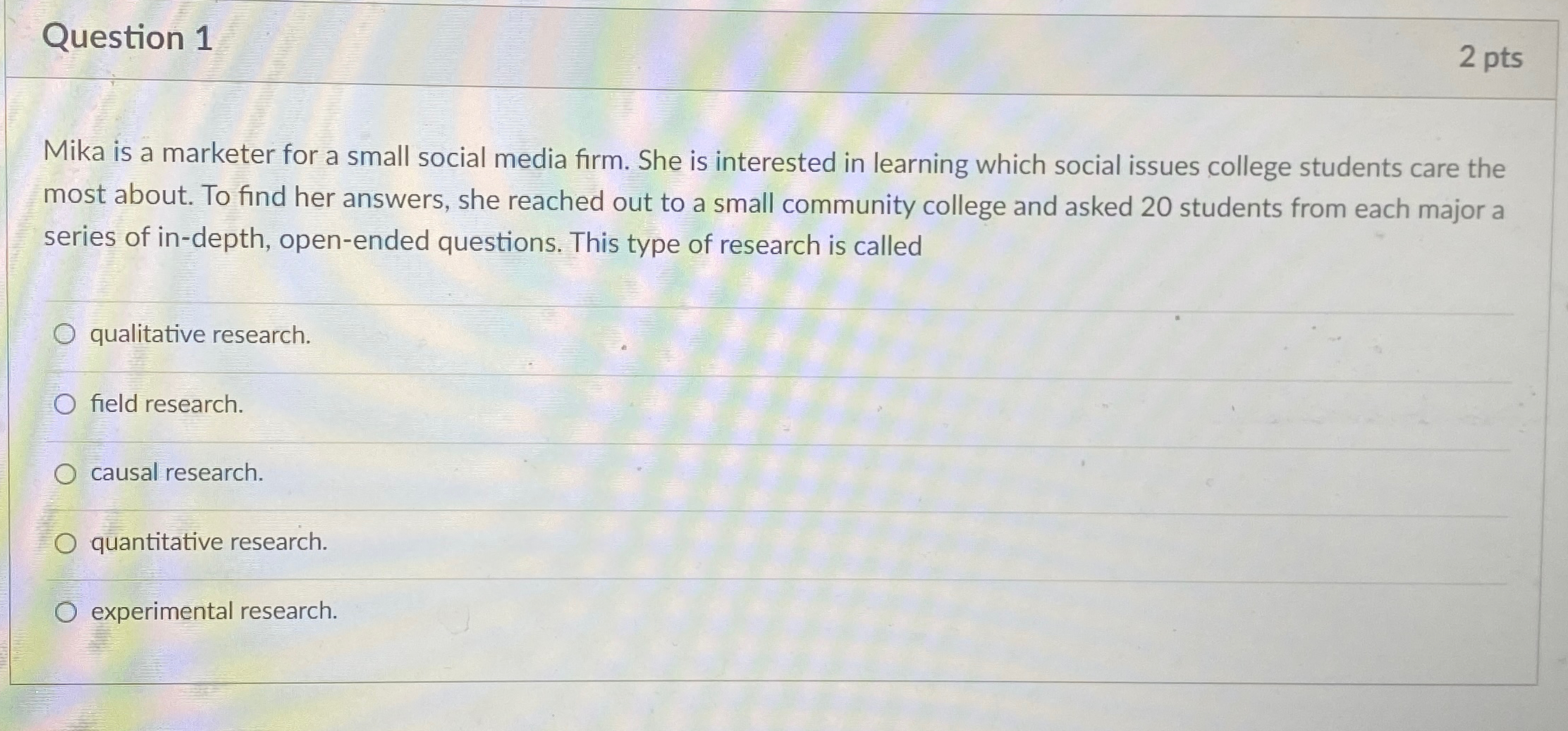  Question 1 2 pts Mika is a marketer for a small