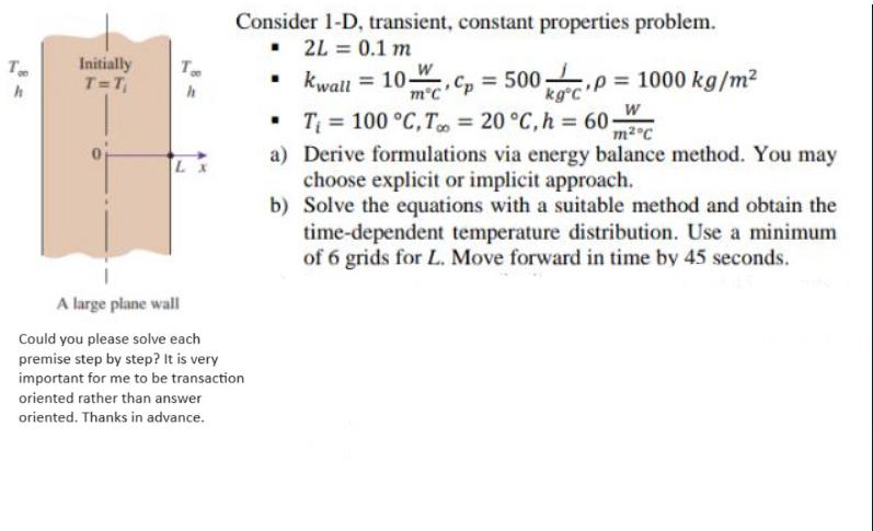  Consider 1-D, transient, constant properties problem. 2L=0.1m kwall=10WmC,cp=500fkgC,=1000kgm2 Ti=100C,T=20C,h=60Wm2C a) Derive