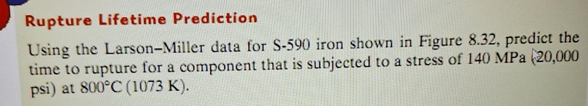  Rupture Lifetime Prediction Using the Larson-Miller data for S-590 iron shown