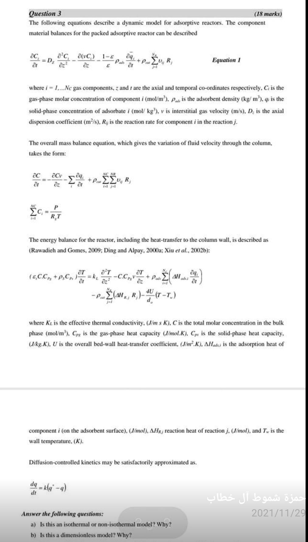 Quickly please Question 3 (18 marks) The following equations describe a